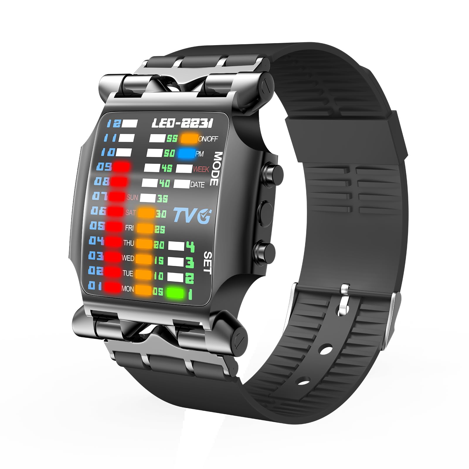 Men's Military Watches,Sports Waterproof Watch with Creative Binary RGB Led Light Display,Stainless Steel Waterproof Watches