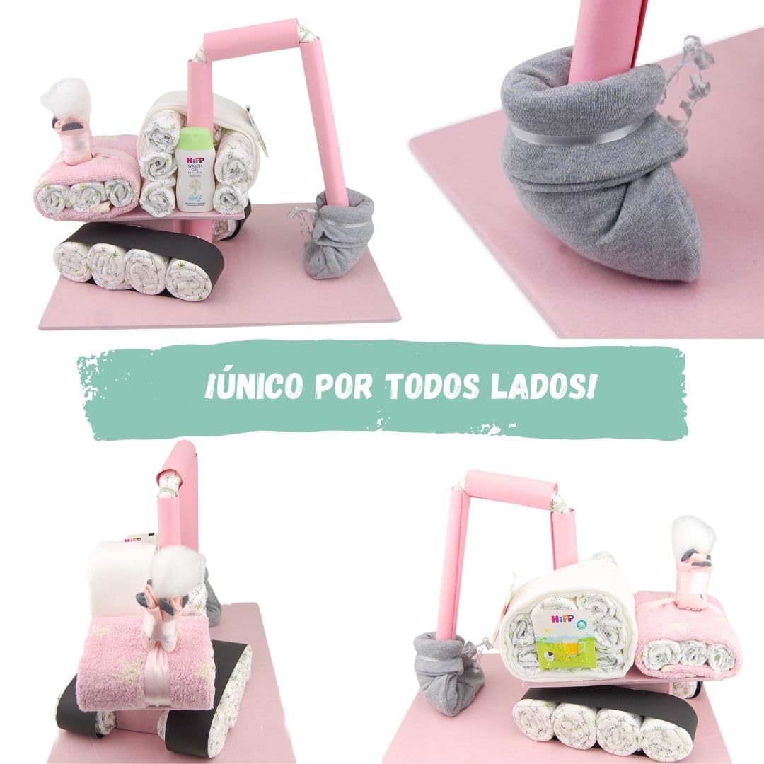 Pastel de pañales ® Excavadora con calcetines para bebé [vehículo de construcción] - Regalo para nacimiento - Fiesta del bebé - Obsequio - Paño para eructos - Baberos para bebé