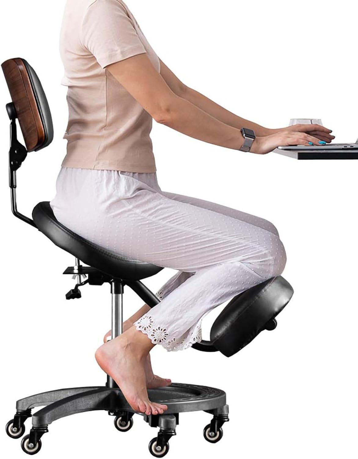 Ergonomic Kneeling Chair Back Support,Relieve Back Pain Improve Posture Casters,Kneeling Office Chair,Height Adjustable(Wooden backrest)