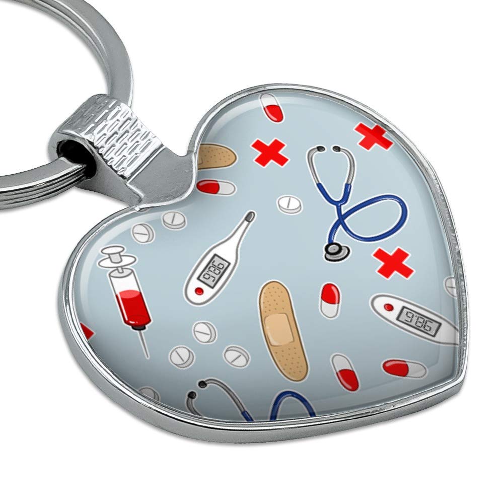 Nurse Doctor Pattern Healthcare Stethoscope Thermometer Keychain Heart Love Metal Key Chain Ring