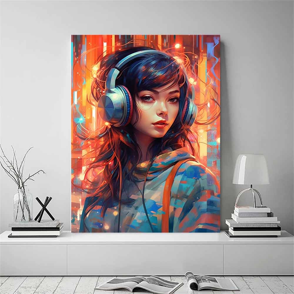 TERUEA Quadro su Tela arte Stampe da Parete, Amante Musica Cuffie Citt脿 Neon Quadri Moderni - Quadri Fiori in fiore - Decorazione Murale per Ufficio Sala yoga (Arancione)-80x120cm Incorniciato