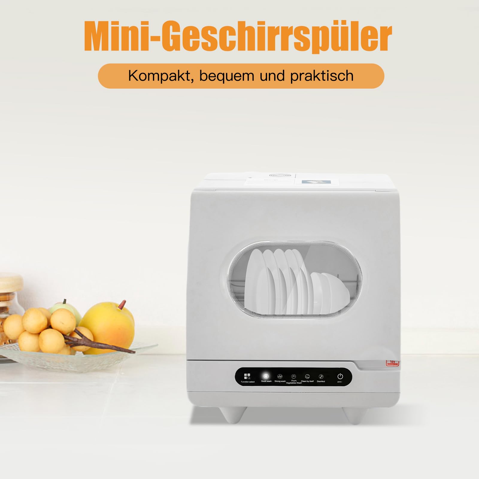 Mini Geschirrspüler - 800W Tischgeschirrspüler mit zwei Spülmodi, Selbstreinigend mit 5L Wasserverbrauch, Leise (55 dB), Kleine Spülmaschine für Wohnheim, Küche, Imbiss (Weiß)
