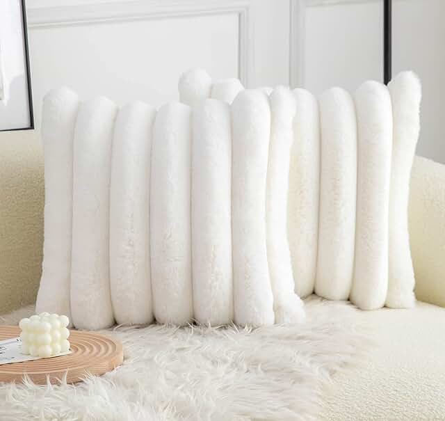 Neelvin Cream White Faux Fur Cozy Soft Striped Decorative Throw Pillow C...