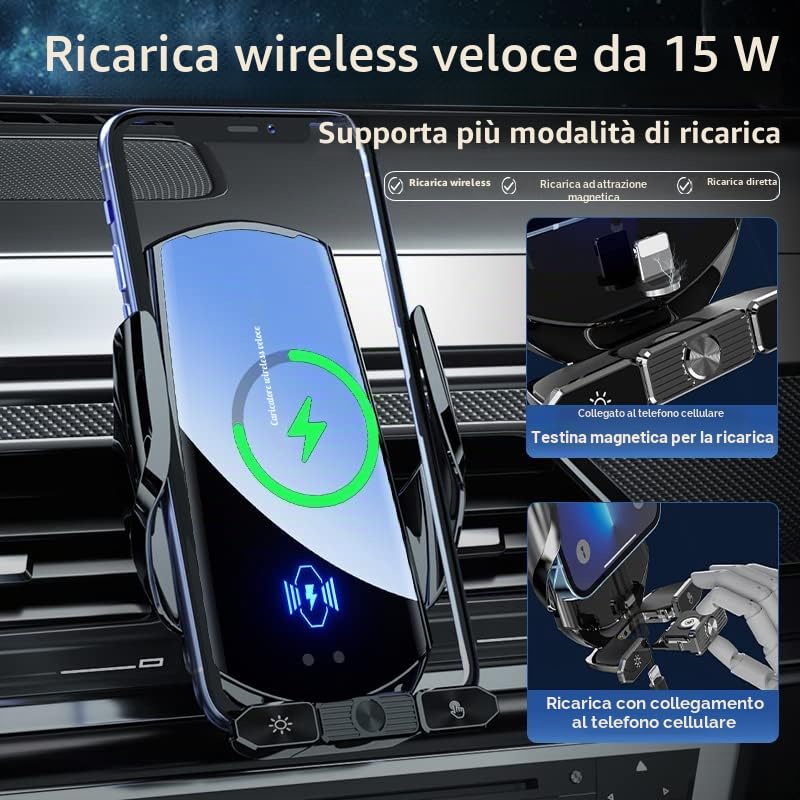 Caricabatterie wireless da auto, 15 W, ricarico rapido, supporto per cellulare, presa d'aria, ricarico magnetico, porta USB C/iOS/Micro USB (argento)