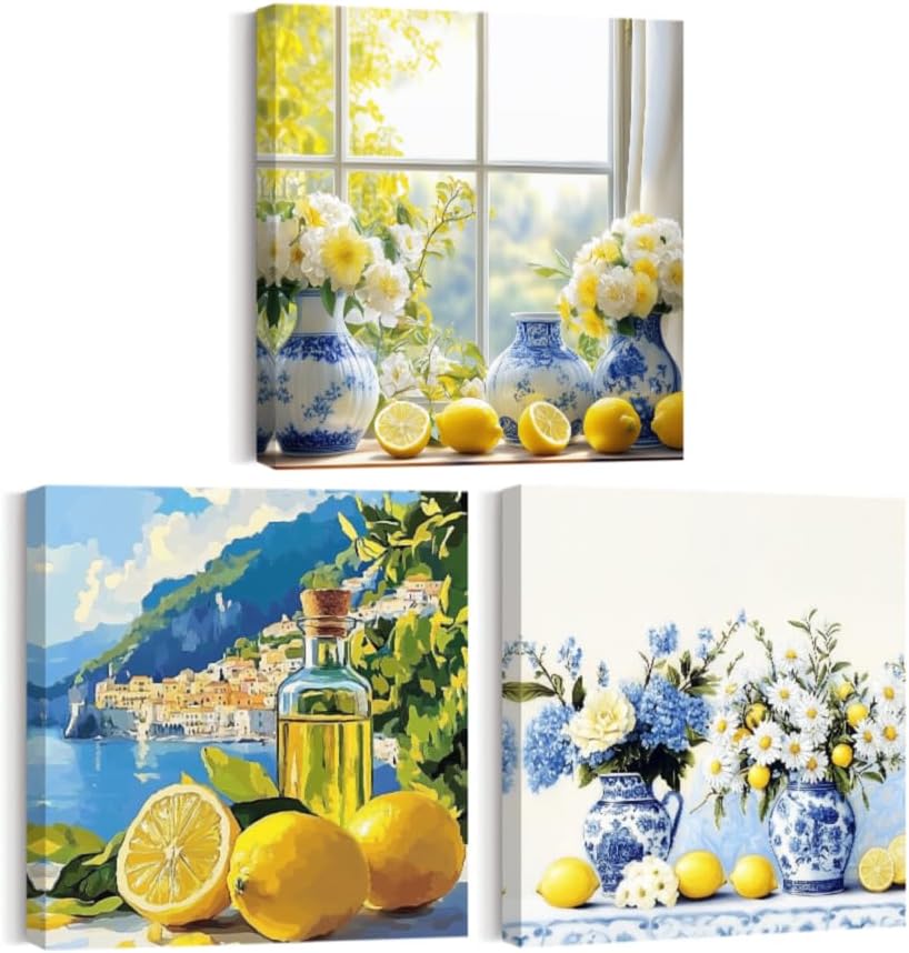 CCWORKERRY Lemon Picture Kitchen Wall Art Set of 3 Citrus Fruit Canvas Prints Yellow Lemon Painting Blue Pottery Prints Art Framed Ready to Hang(Blue,12"x12"x3P)