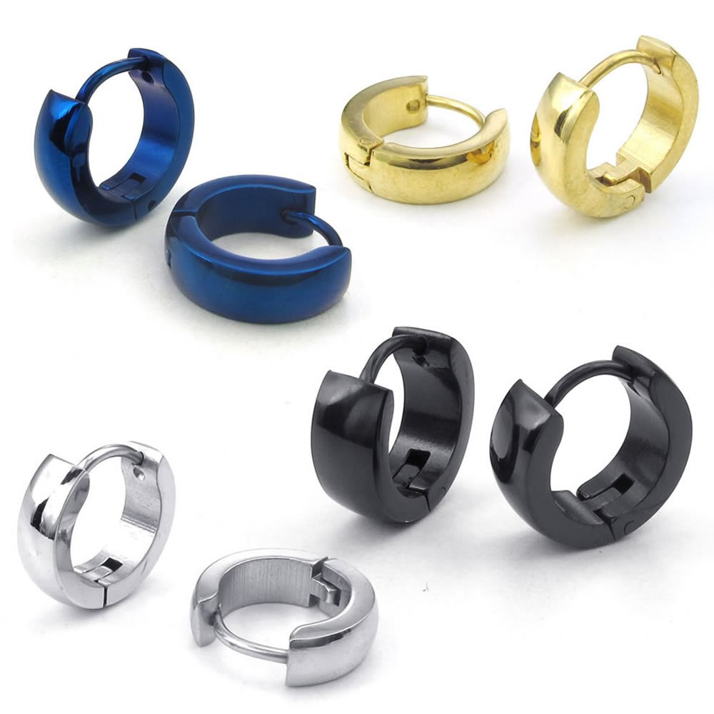 Jewellery Men's Earrings 4 Pair Hinged Rings Stud Earrings – Stainless Steel – For Men – Color Gold Black Silver with Gift Bag – Blue f24952