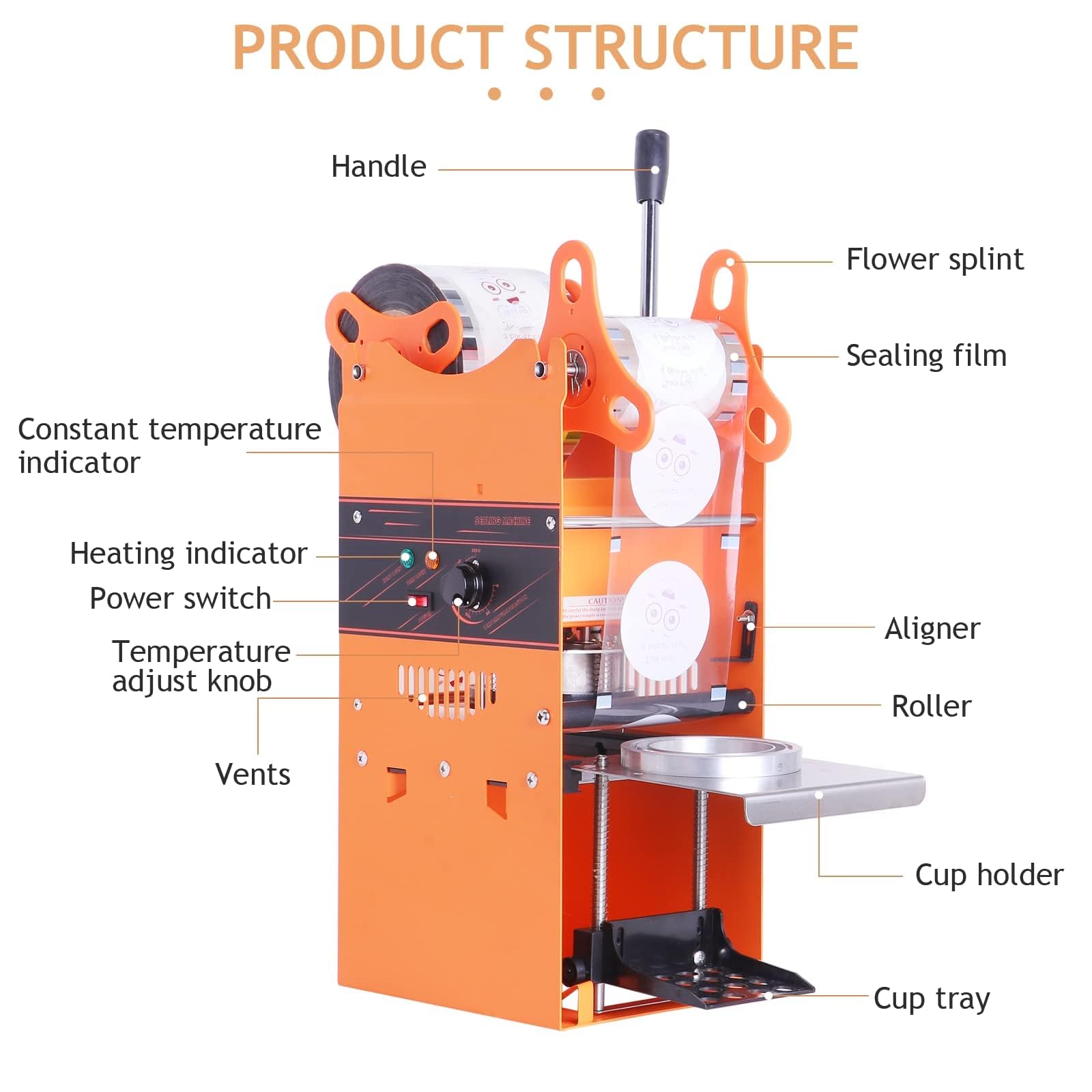 YJINGRUI Machine à sceller des tasses commerciale manuelle à bulles pour tasse de thé à bulles de 90/95/70/75 mm de diamètre, 300 à 500 tasses/heure (machine à sceller)
