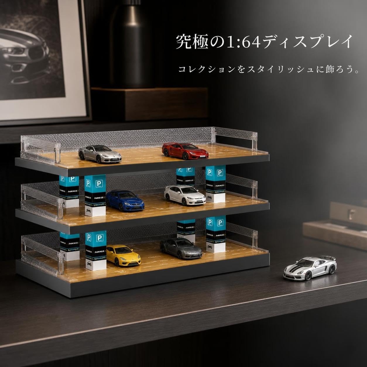 Exhibidor Juguetes con Luces, Vitrina Exhibición Escala 1/64 para Estacionamiento Diecast, Parking Coches Juguete