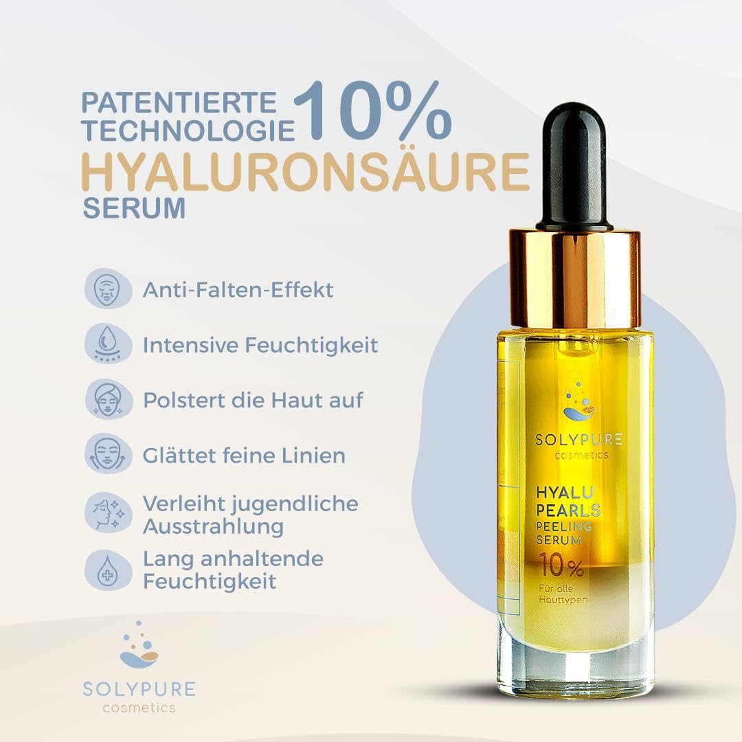 SolyPure HYALU-PEARLS – Hyaluron Serum Gesicht – 10% Hyaluronsäure – Hochdosiert – Feuchtigkeit – Anti-Aging – Peeling-Effekt – mit Arganöl & Jojobaöl – Patentierte Perlentechnologie