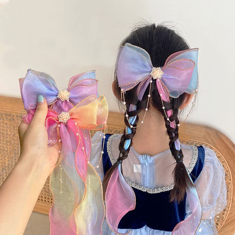 Ulfanit 2 pinzas para el pelo de unicornio de sirena para niñas, pinza de pelo de princesa iridiscente con borlas de cinta, horquilla de cola larga,