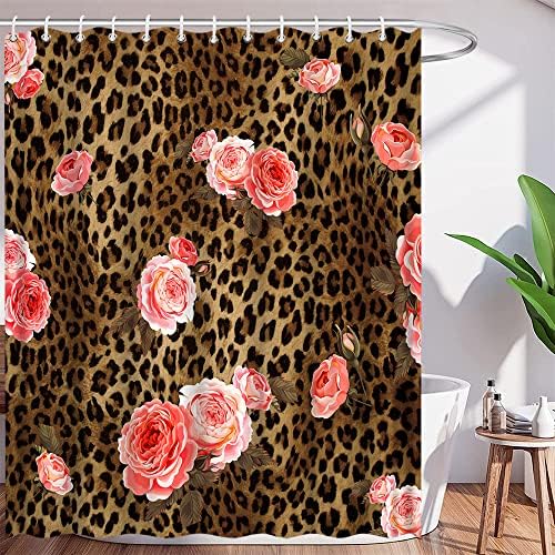 Leopard Flower Shower Curtain Brown Wild Animal Skin Print Cute Pink Rose Floral Valentine's Day Creative Modern Art Bathroom Decor Fabric Curtain with Hooks