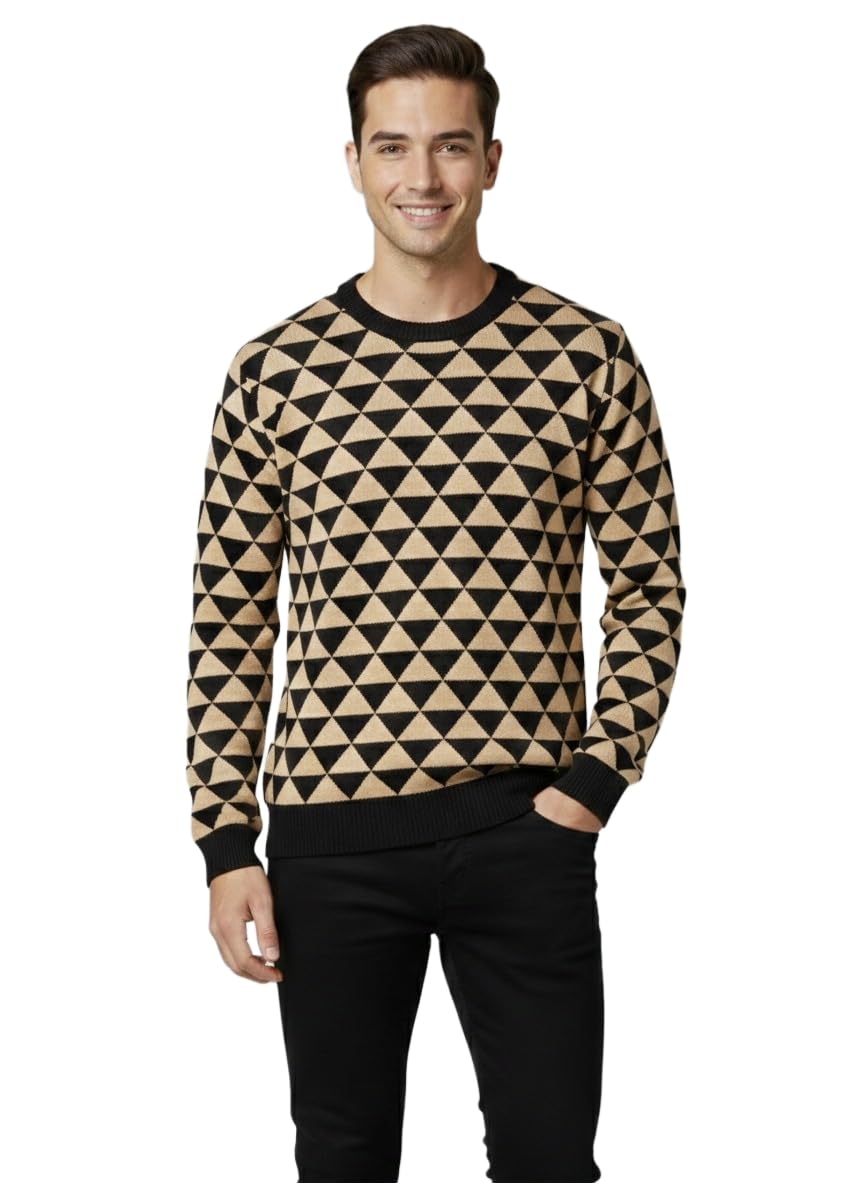 Men's Knit T-Shirt, Black and Beige, Cotton Long Sleeve, Crew Neck Pullover-picture-30