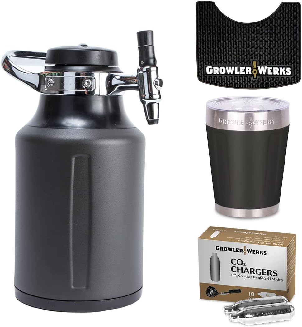 GrowlerWerks Tungsten Go Low Bundle – Includes Tungsten uKeg 64 Carbonated Growler, 10 Oz. Tumbler, C02 Chargers, Black Bar Mat – Pressurized Craft Beer Growlers, Mini Keg Kit : Home & Kitchen