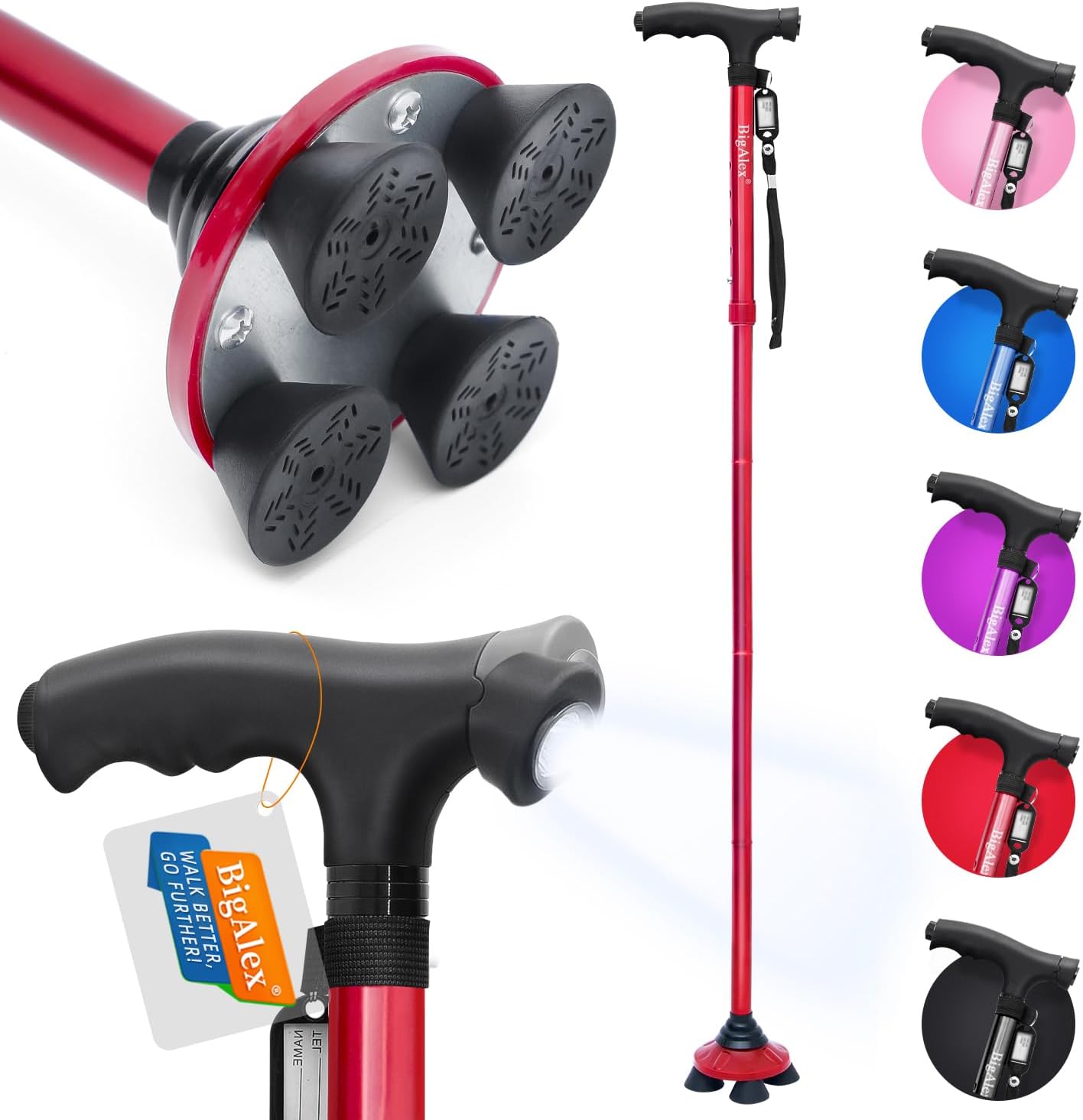 BigAlex Folding Walking Cane with LED Light,Pivoting Quad Base,Adjustable Walking Stick with Carrying Bag for Man/Woman (Alloy Base)