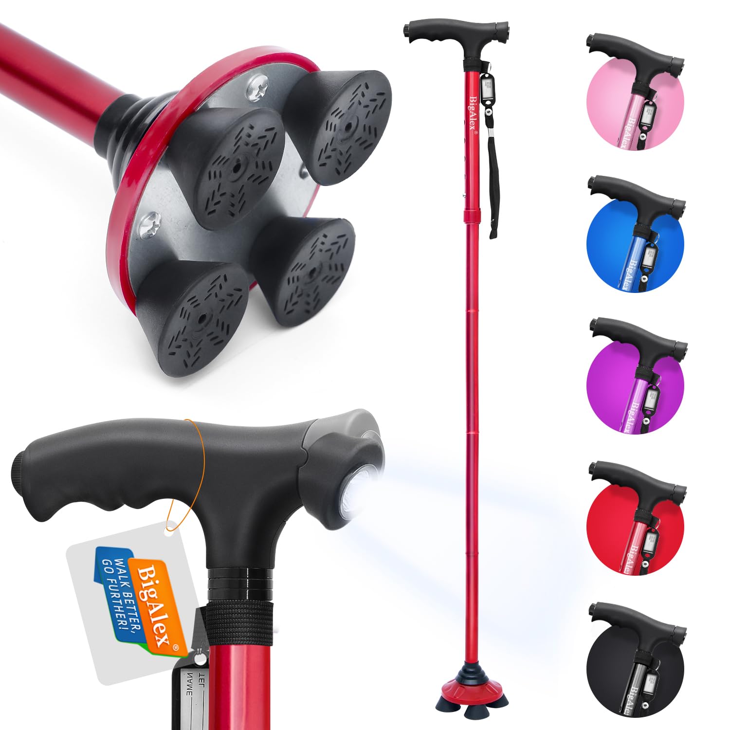 BigAlex Folding Walking Cane with LED Light,Pivoting Quad Base,Adjustable Walking Stick with Carrying Bag for Man/Woman (Alloy Base)