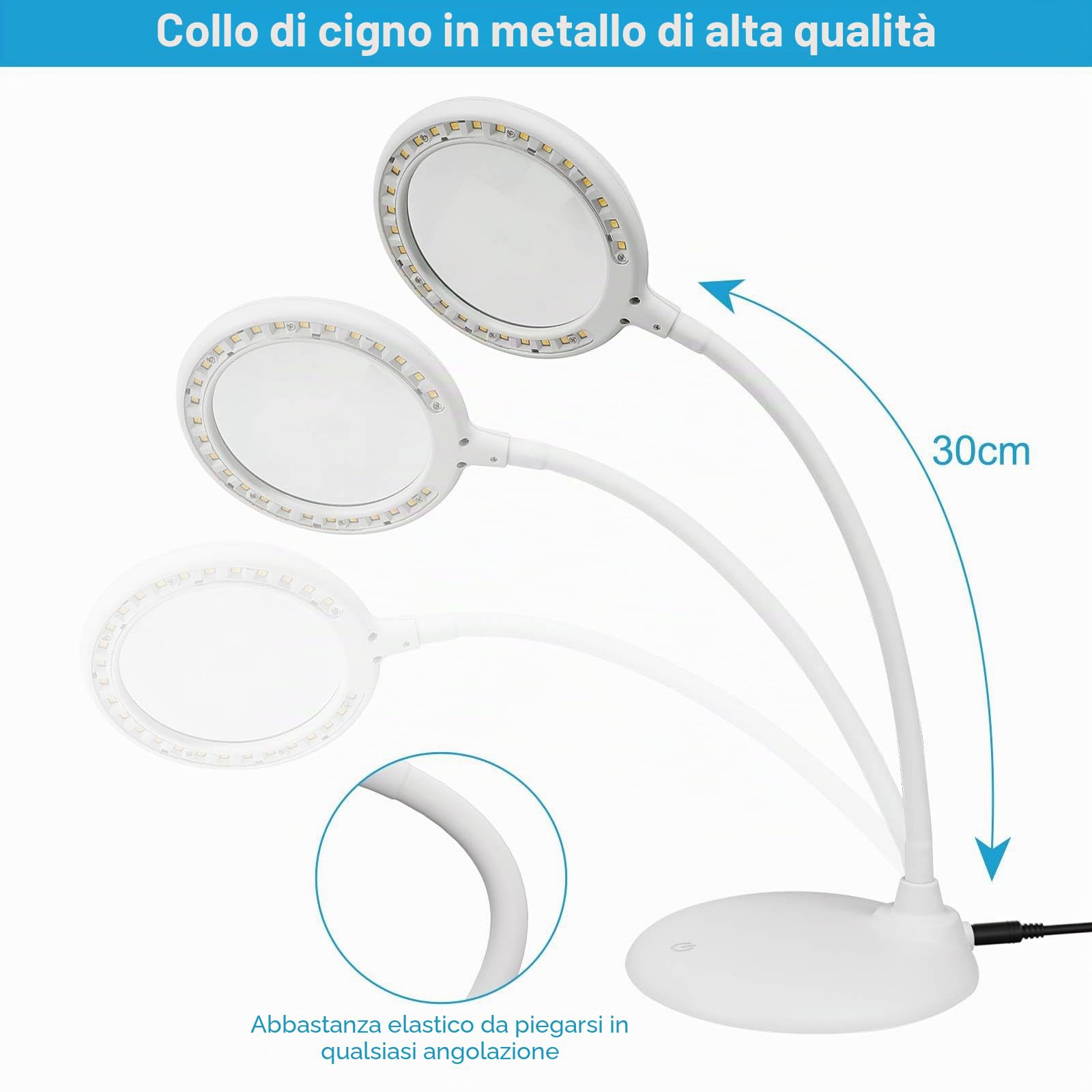 5X Lampada con Luce Lente di Ingrandimento, Lente d'ingrandimento con Luce Ricaricabile, Lente Ingrandimento Tavolo con 3 Modalità Dimmerabile Lampada da Ricamo con Lente (Bianco)