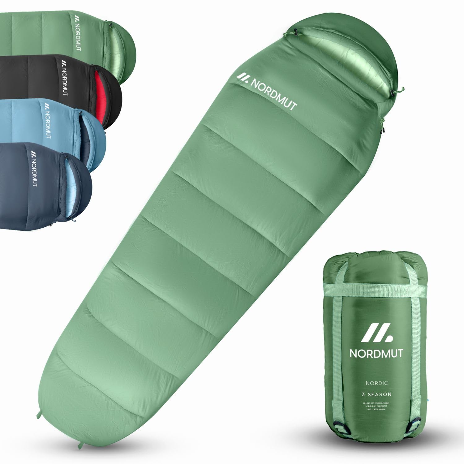 NORDMUT® Sleeping Bag for Adults – Small Pack Size & Ultra-Lightweight (900/1500g) – 3-Season (250 GSM) & Summer (100 GSM) – Mummy - Outdoor Activities & Festivals (Green / 3-season sleeping bag) — image 1