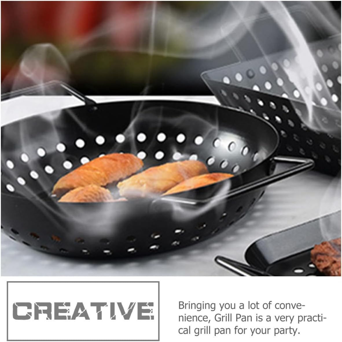 Round Non-Stick Grill Pan with Drain Holes for Barbecue 2-Handle Metal BBQ Tray for Camping Multi-Function Cooking Tool for Vegetables and Meat