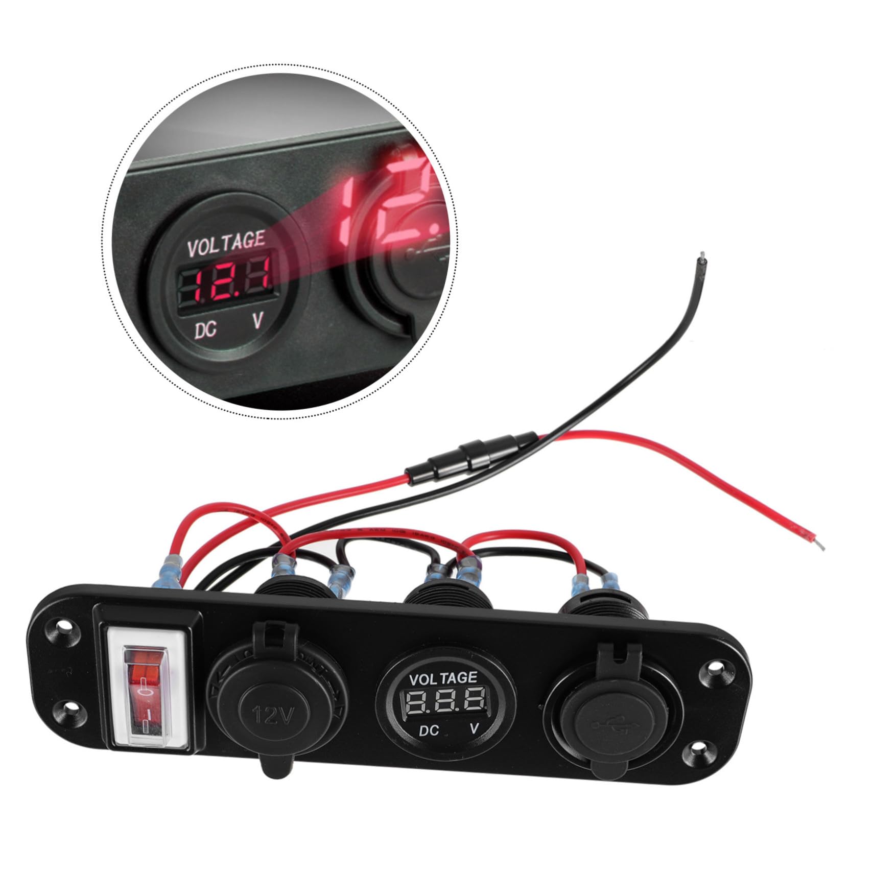 Pannello Accendisigari Auto con Interruttore Off Doppia Presa USB Voltmetro Digitale Caricatore per Camper Barca e Camion