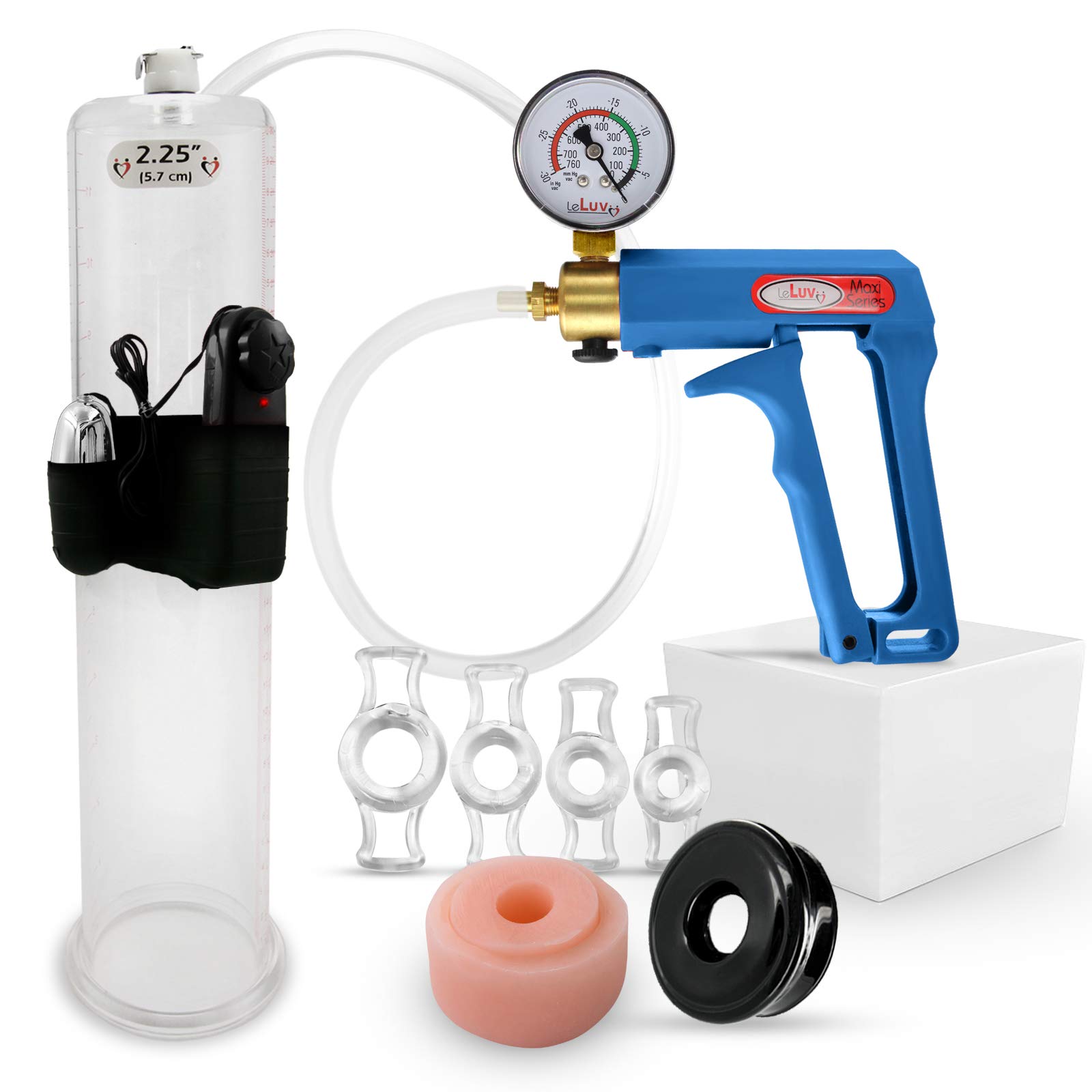 Bomba de pene vibratoria LeLuv Maxi con mango azul, medidor instalado, manguera transparente, dona negra TPR y 4 tamaños de anillos, cilindro de 12 pulgadas x 2,25 pulgadas