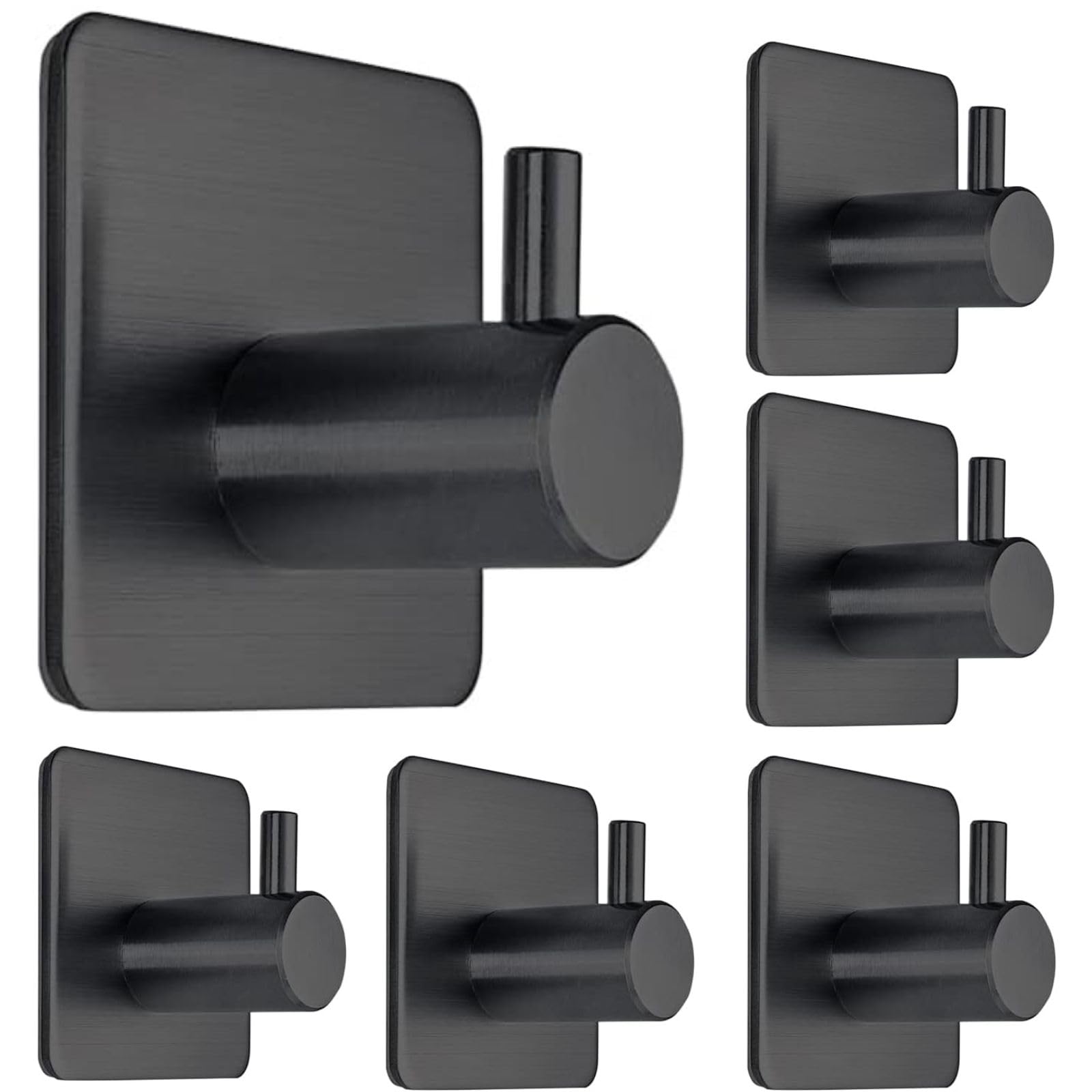 Zalcoon Adhesive Hooks, Black Self Adhesive Towel Hooks Waterproof Shower Wall Stick on Hooks Heavy Duty Stainless Steel Bathroom Kitchen Sticky Hooks for Towel Robe Loofah Key Coat Bag - 6 Pcs
