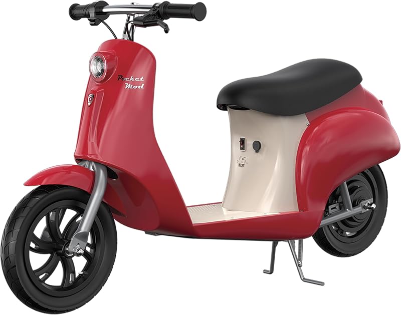 Scooter eléctrico retro para mayores de 8 años, peso máximo de 170 lb, rojo, con motor de 250 W, neumáticos de 12 pulgadas y batería de 24 V, hasta 15 MPH, Mod de bolsillo: motocicleta liviana para ciclistas jóvenes y adolescentes