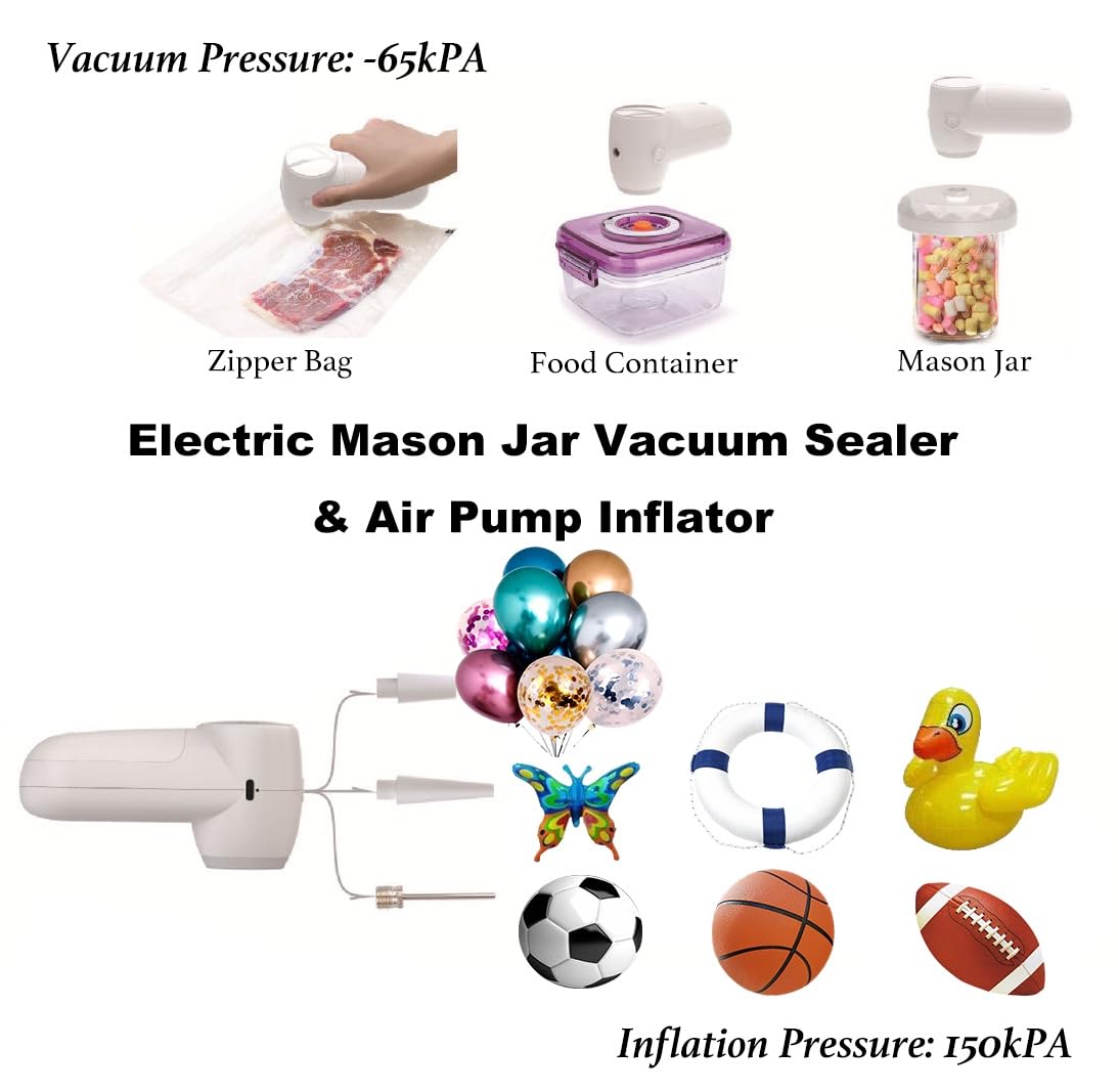 Electric Mason Jar Vacuum Sealer, 2 in 1 Handheld Food Saver Vacuum Sealer Machine for 3.4” + 2.8” Mason Jar Lids, Air Pump Inflator with Nozzles for Small Inflatables Balls