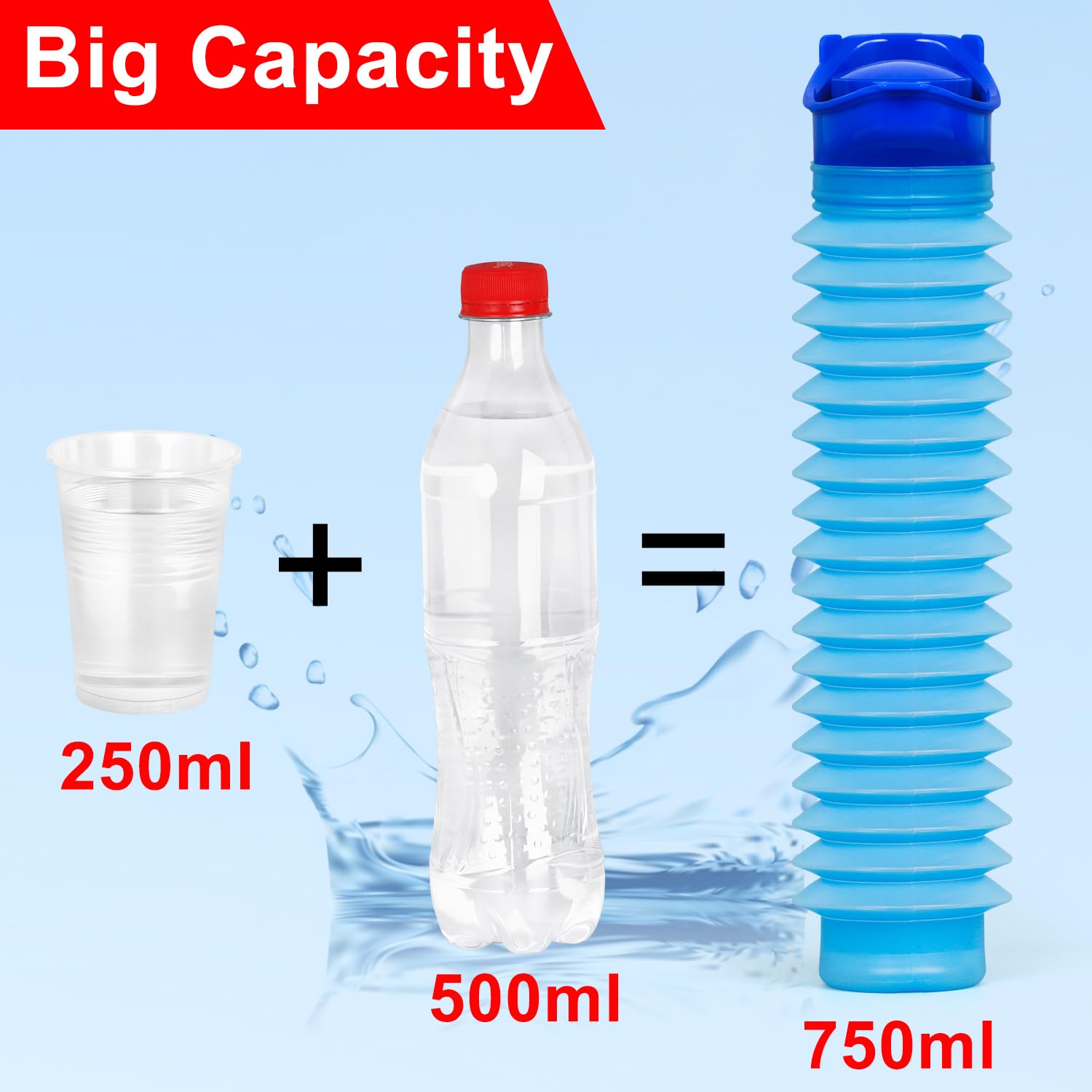 Botellas para orina para hombres, botella plegable con bolsas desechables, orinal de emergencia portátil para hombres y mujeres, 750 ml, a prueba de fugas, juego de 2 botellas para orina adecuadas