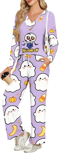 GQN Halloween Pajamas for Women V Neck Long Sleeve Funny Sleepwear Ghost Spider 