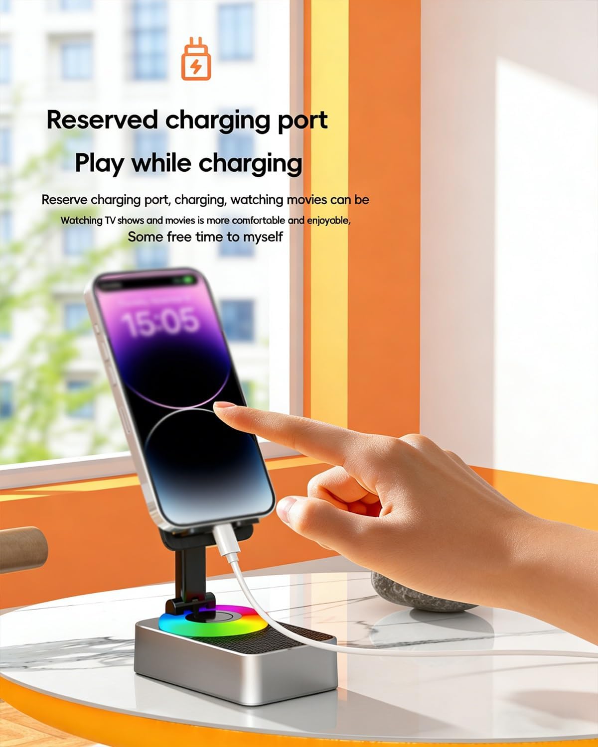 Bluetooth Audio Power Bank Bracket,Wireless Induction Audios Speaker Stand for iPhone/iPad/Android,Anti-Slip Base 360° Rotating Folding Lifting LED HD Surround Sound,Gifts for Men Women(Silver*2)