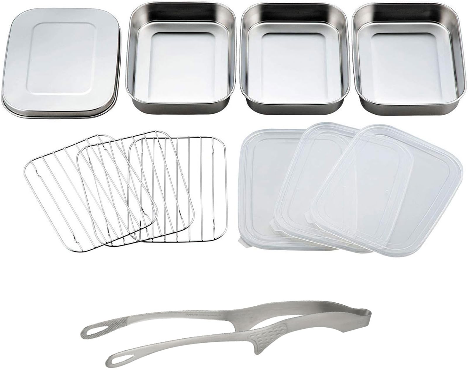 Shimomura Kihan 42497 Smart Kitchen Tongs, Non-floating and Clean Ends, Large & 31552 Deep Fried Food Tray, Tempurat, 10 Piece Set, Made in Japan, Stainless Steel, Tsubame Sanjo 19.) Fry Bat & Tongs