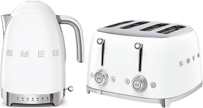 Smeg KLF04WHUK Jug Kettle with Acoustic Alarm, 3KW, 1.7L & Smeg TSF03WHUK 4 Slice Toaster, Extra Wide Slots, White