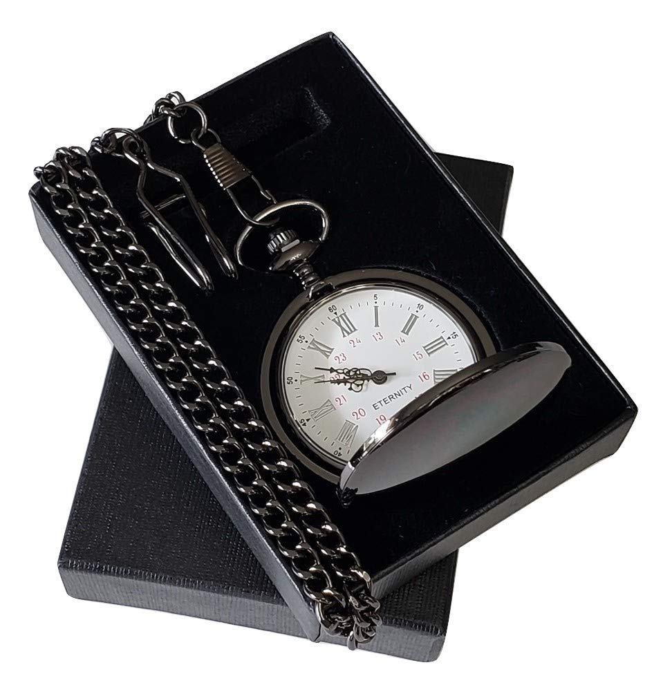 8 Gold Polished Engraved Pocket Watches - Gift Box Set of 8 for Weddings - Groomsmen Personalized Gifts with Chain and Box Included - Engraving Included (Black)