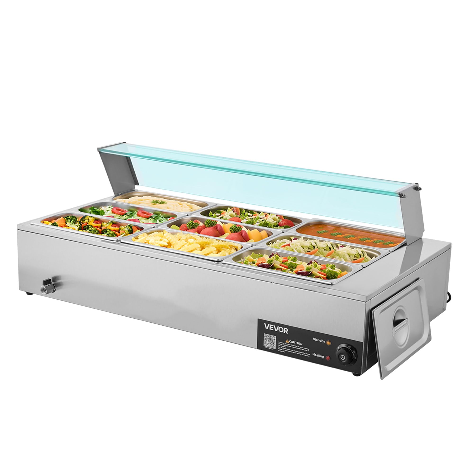 VEVOR Elektryczny podgrzewacz do żywności ze stali nierdzewnej 1500 W z parą i szklaną pokrywą, 9 tac, z łyżkami do zupy i perforowaniem, do restauracji i imprez, 1100 x 570 x 385 mm