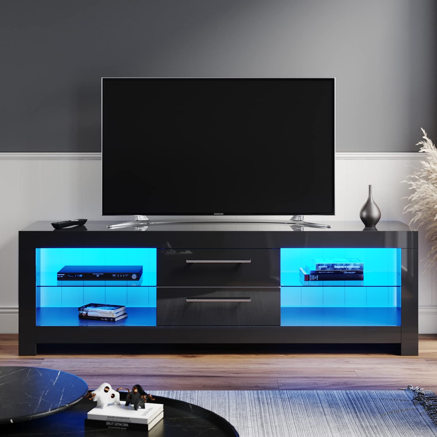 ELEGANT 1600mm Stylish High Gloss Black TV Stand Cabinet Units with Ambient LED Light for Flat Screen 4k TVs LED Lights TV Cabinets with Shelves and Drawers for Living Room Bedroom