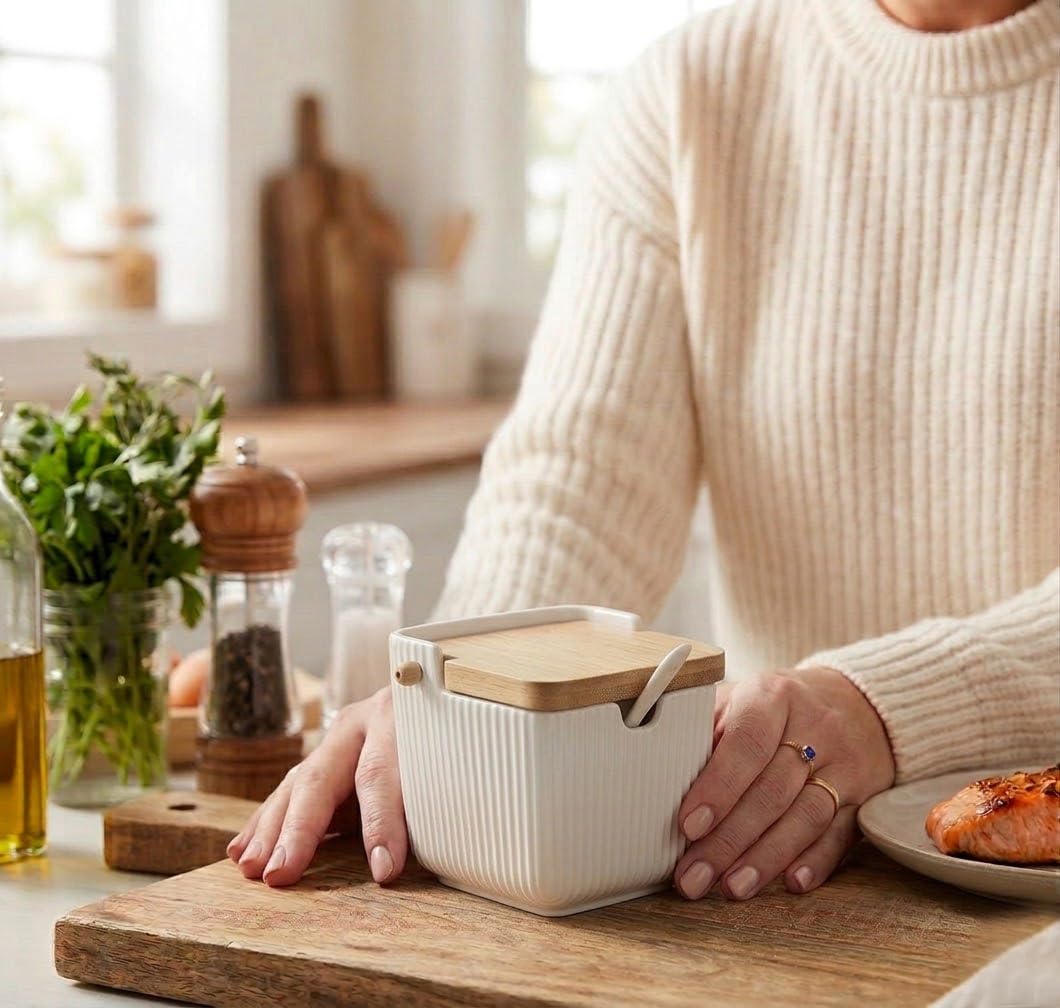 Portaspezie - Saliera con Coperchio in Legno - Zuccheriera - Contenitore per Condimento in Ceramica - Bianco (Modello 3)