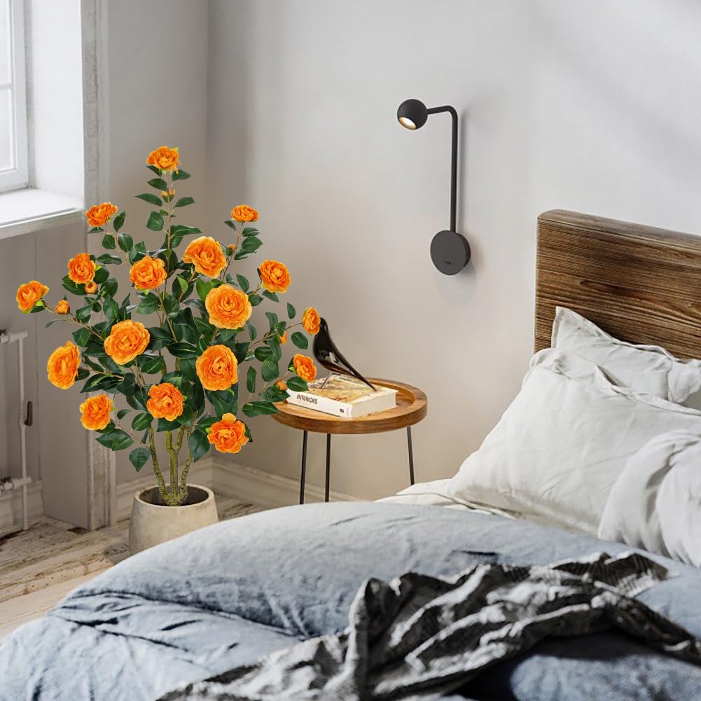 Árbol de camelia artificial de 90 cm, árbol de arte con flores, árbol de camelia artificial naranja, árbol decorativo, plantas artificiales como de verdad en maceta, decoración de primavera