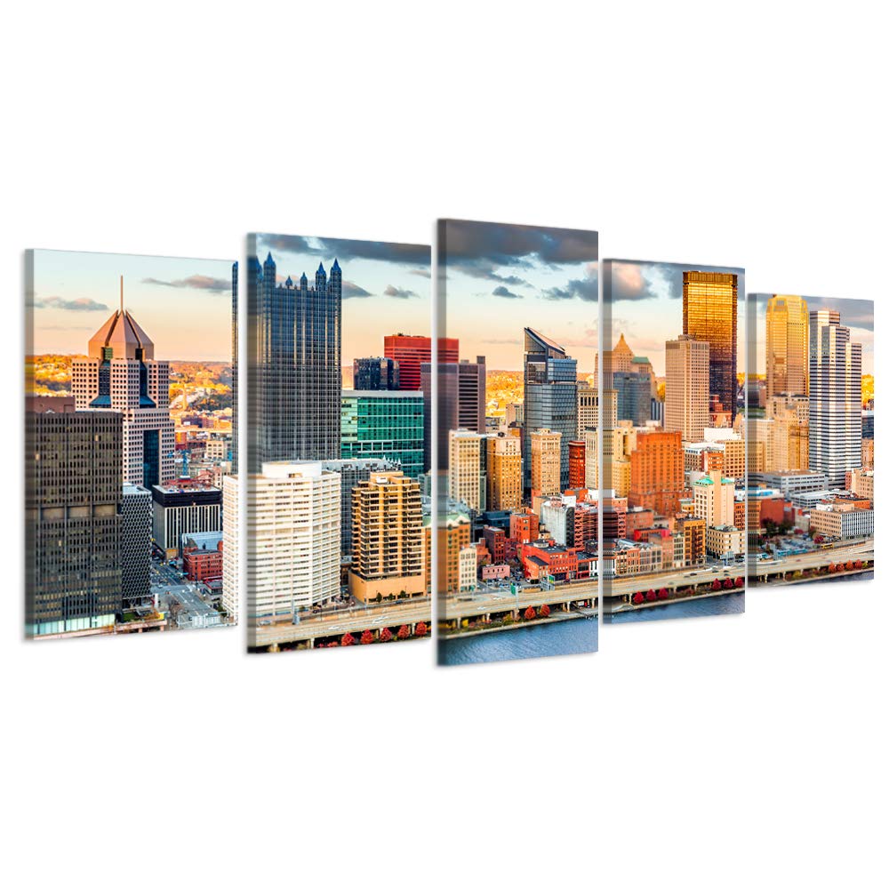 Visual Art Decor 5 Piece Canvas Wall Art Pittsburgh Downtown in Sunset Viewed from Grandview Overlook Across Monongahela River Picture Living Room Home Office Decoration