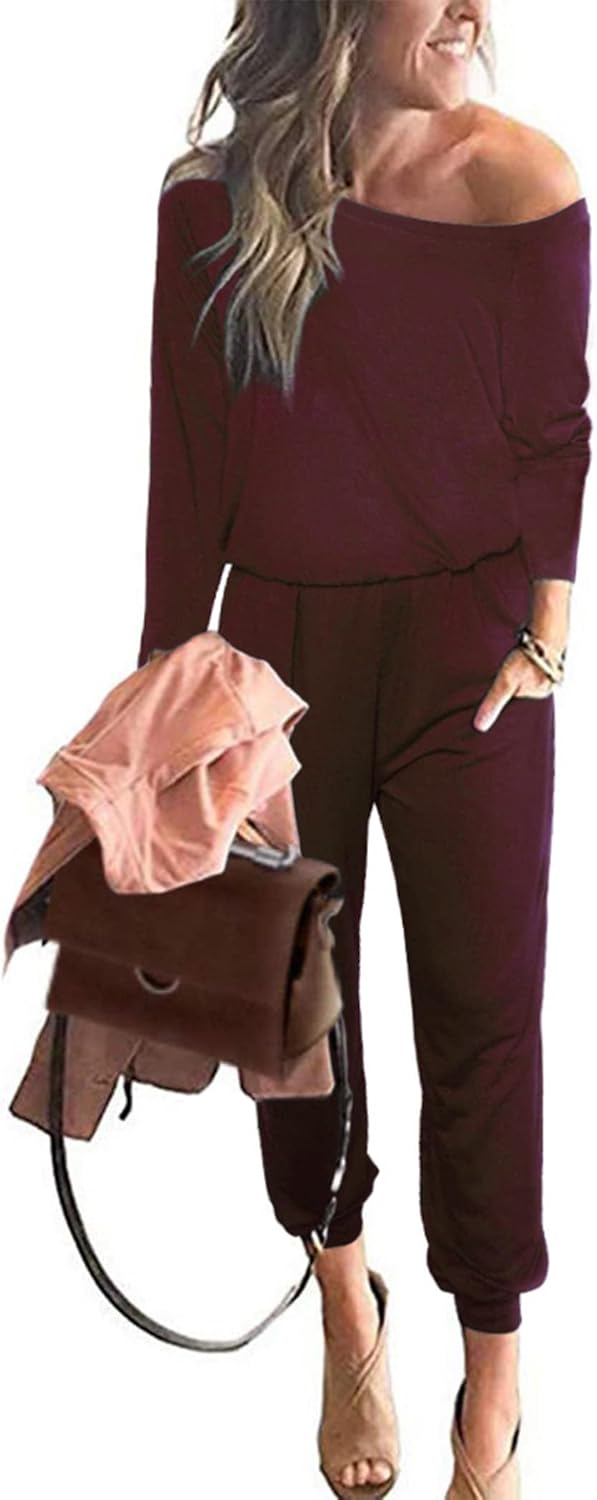 PRETTYGARDEN Jumpsuits for Women Dressy 2025 Fall Long Sleeve Off Shoulder Elastic Waist Rompers One Piece Travel Outfits