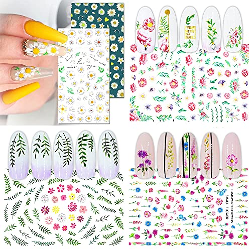 Bonnie-Sam Green Leaves Daisy Nail Art Sticker Paper 7 Sheets Adhesive Decal for Woman Manicure Fingernail