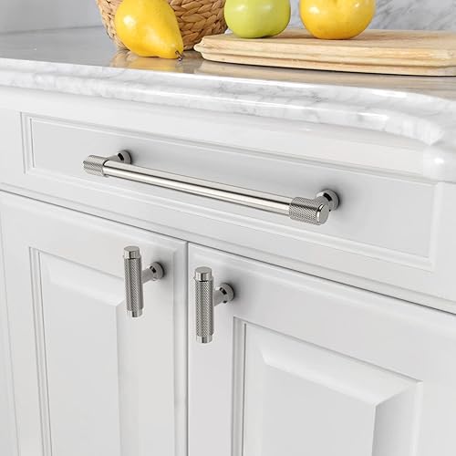 Miniatura 3 de Amerdeco Paquete de 10 tiradores de gabinete moleteados de níquel satinado cepillado de 7 pulgadas (7.000 in) con agujero central para gabinetes de