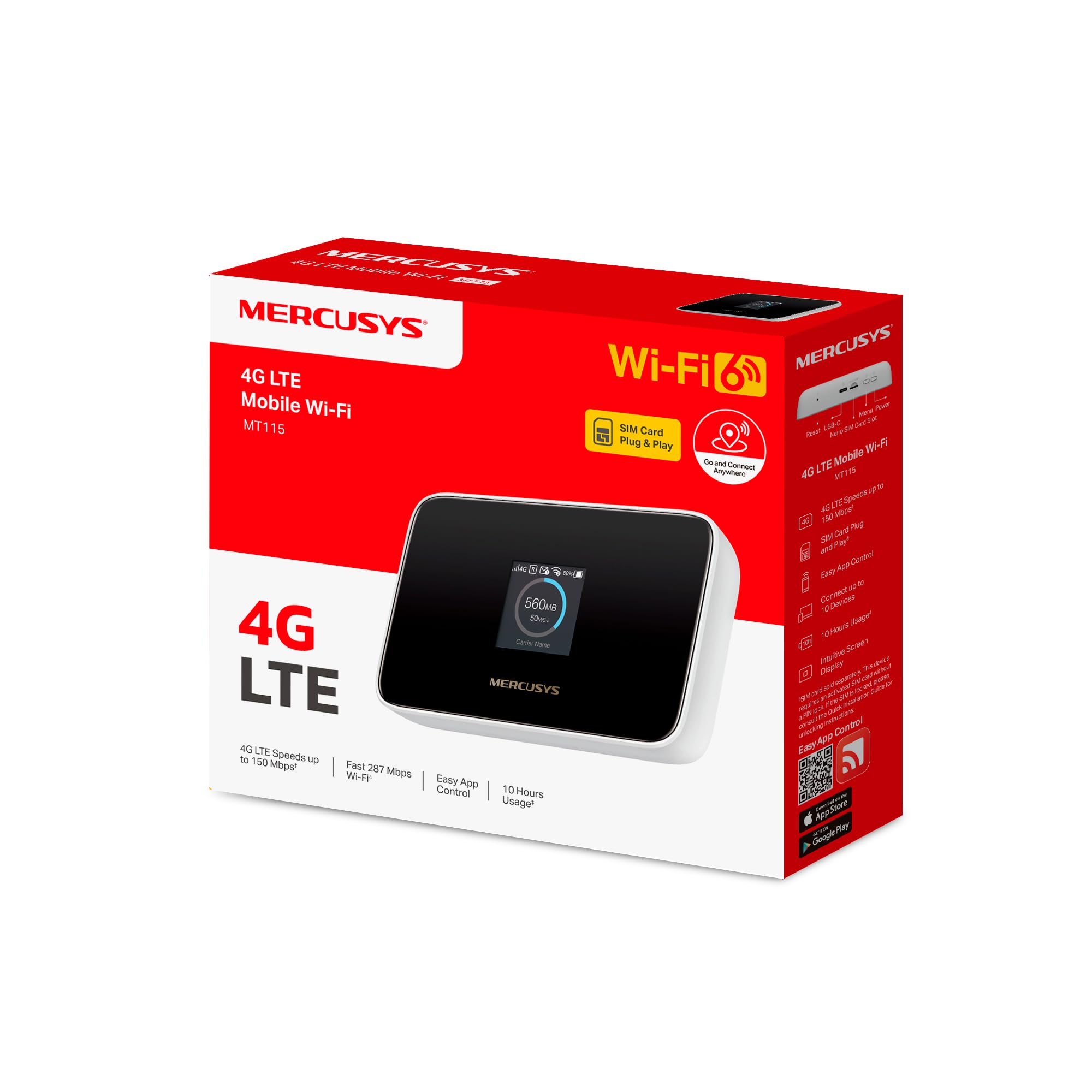Mercusys MT115 Router WiFi portátil para Viajes con Tarjeta SIM sin Contrato, 4G LTE 150 Mbps, Wi-Fi 6 AX300, hasta 10 Dispositivos, batería de 2400 mAh, hasta 10 Horas de autonomía