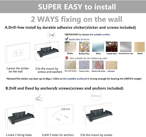 Miniatura 4 de Soporte de pared para Nintendo Switch y Nintendo Switch OLED (sin taladro, metal resistente, 5 ranuras para tarjetas de juego, fácil instalación,