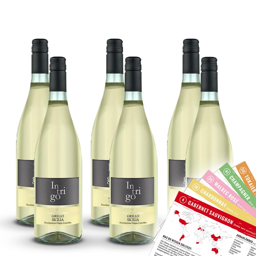 Intrigo Grillo Sicilia, trocken, sortenreines Weinpaket + VINOX Winecards (6x0,75l)