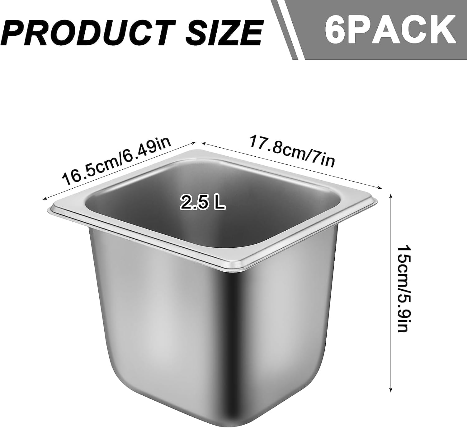 Lot de 6 Pans Gastro en Acier Inoxydable avec Couvercles, Pans de Table à Vapeur 15cm de Profondeur, Contenants Alimentaires Anti-Jam pour Service de Restauration, Buffet, Restaurant, Hôtel Taille 1/6
