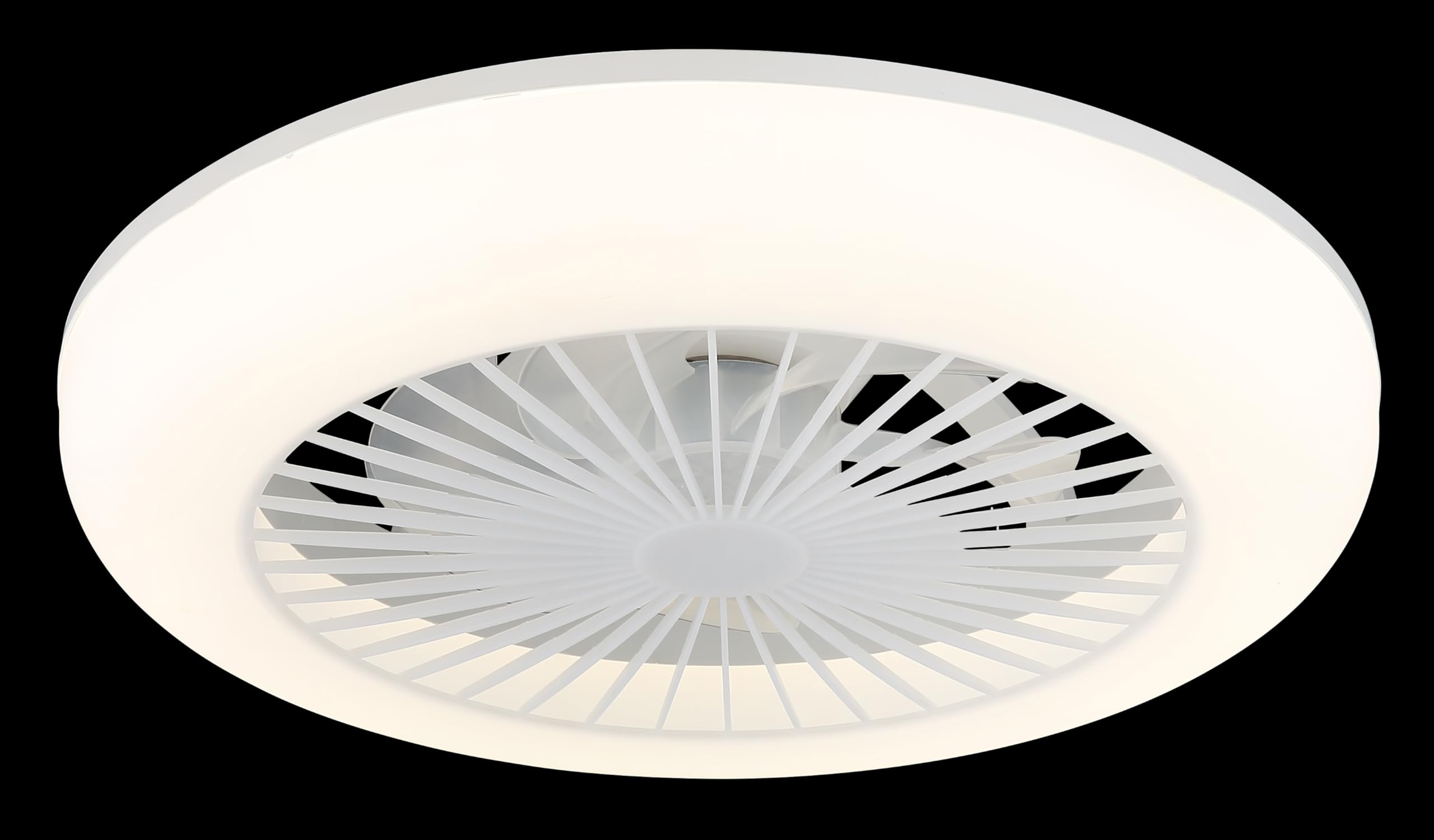 Deckenventilator Kunststoff weiß matt, Kunststoff transparent, Kunststoff opal, dimmbar, mehrere Stufen über Wandschalter, Farben fixierbar, Memoryfunktion, Nachtlicht, Timer, Fernbedienung, Batterie