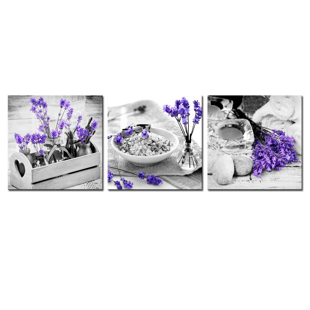 Nachic Wall3 Piece Canvas Wall Art for Bedroom Bathroom Wall Decor Purple Lavender Flower and Zen Stone Painting Pictures Print on Canvas Spa Still Life Artwork Framed Ready to Hang