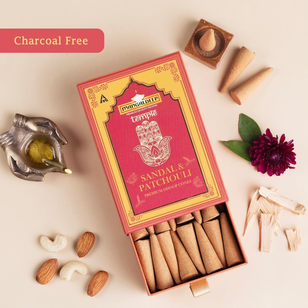 Mangaldeep Temple Premium Bambooless Dhoop Cones - Sandal & Patchouli - Ceramic Stand Inside - Charcoal Free (40 Cones) - Image 3 thumbnail