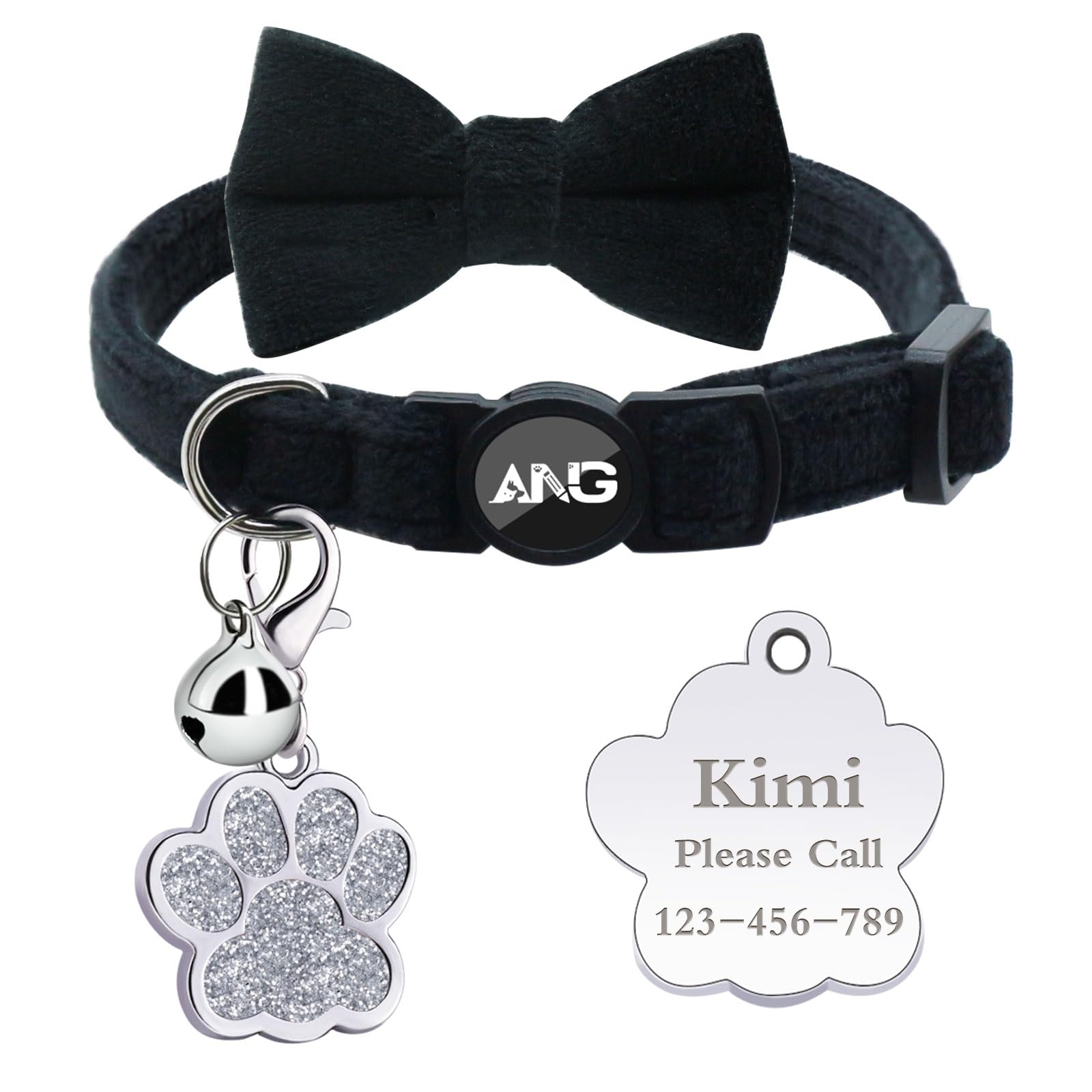 Personalised Breakaway Cat Collars - ID Tag, Bell, Bowtie - Safety Quick-Release, Customised for Female & Male Cats-Velvet Pattern-Black