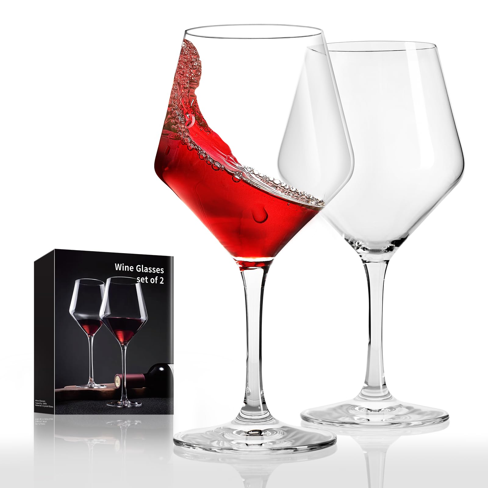 Juego de 2 copas de vino de cristal soplado a mano, 16 onzas, copas de tallo largo para rojo